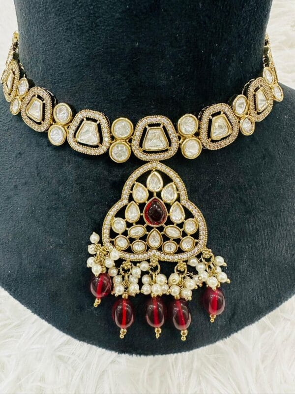 Victorian Necklace & Earrings Set, Ruby Red Beads, Pearl Drops - Image 2