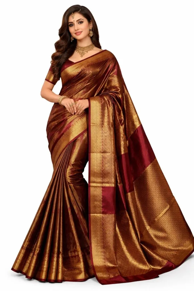 Coffee Brown Katan Silk Saree with Maroon Border, Traditional Banarasi Kathan Silk Wedding Saree, Heavy Gold Zari Bridal Saree