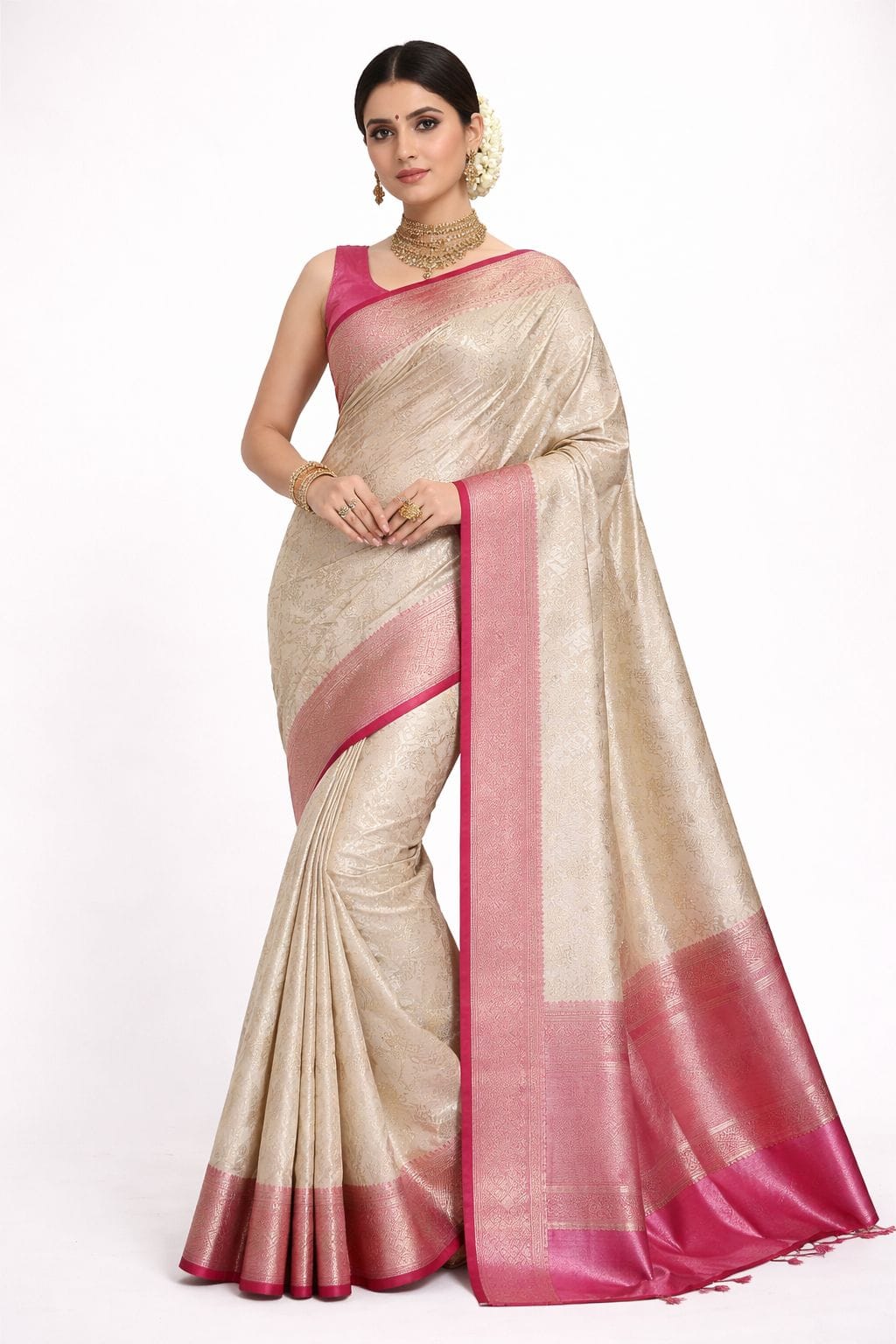 Bridal Soft Silk Saree Cream Pink | Wedding Kanchipuram Style Silk Saree | Gold Zari Border Traditional Indian Bridal Saree - Image 1