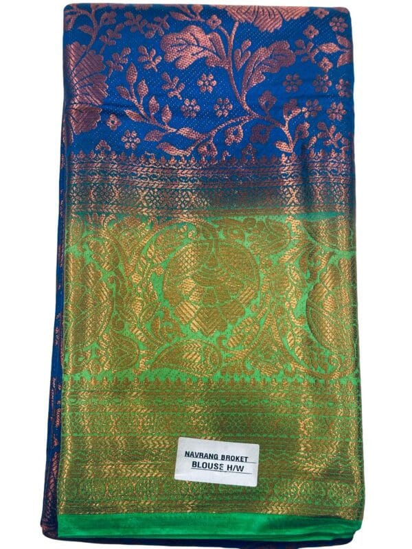 Navy Blue Soft Silk Saree | Gold Zari Brocade, Embroidered Blouse - Image 3