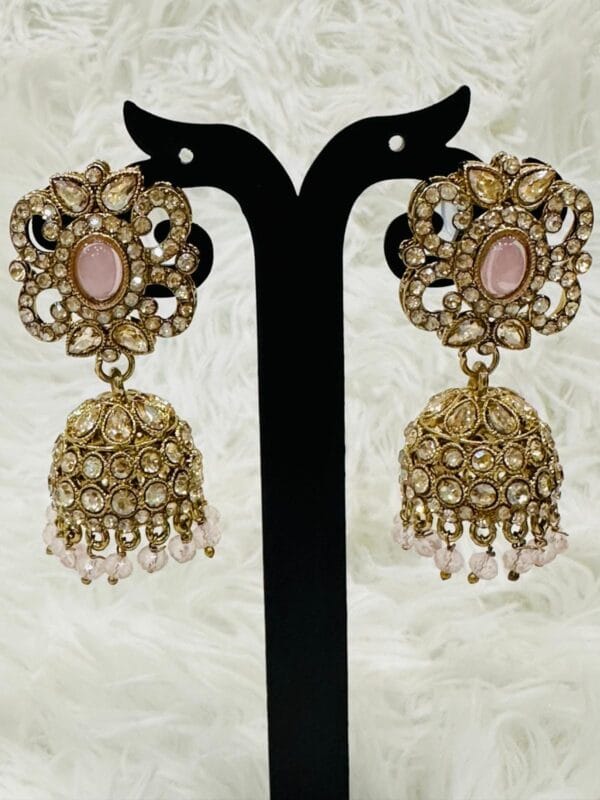 Gold Plated Kundan Jewelry Set | Pink Stone Choker Earrings Tikka • Pearl Beaded Choker - Image 4