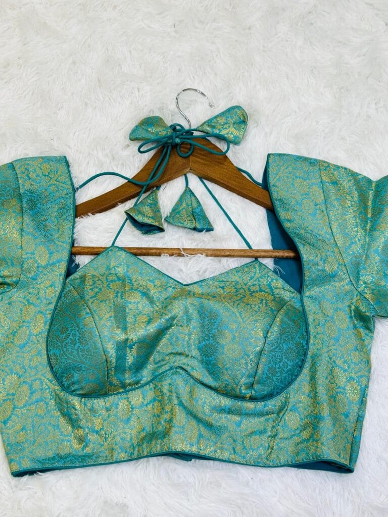 Teal Blue Banarasi Brocade readymade Blouse | Padded Blouse for saree (Size 34)