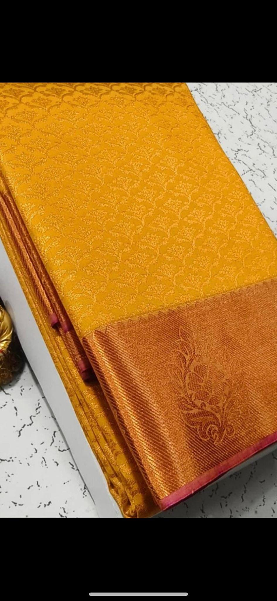 Mustard Yellow Soft Silk Saree with unstitched blouse | Copper Zari Border - Image 2