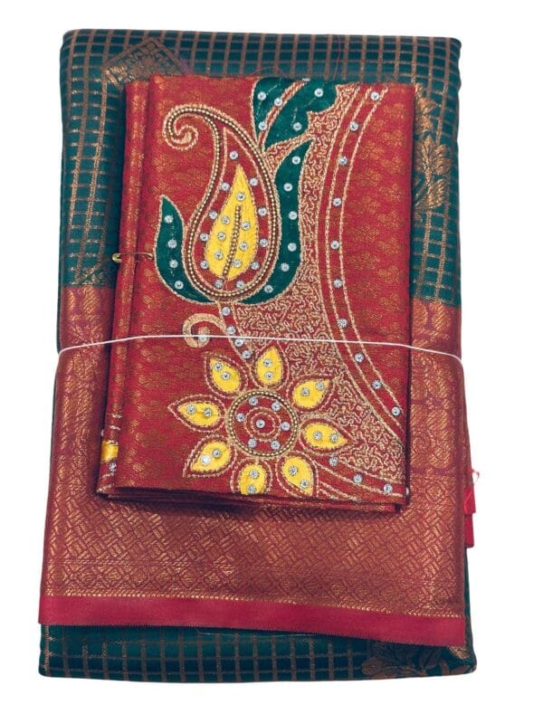 Green Red Soft Silk Saree with Embroidered Brocade unstitched Blouse | Wedding Festive Traditional wear - Image 2