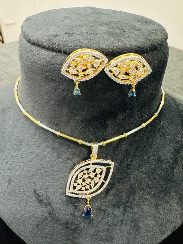 Gold Plated CZ Leaf Necklace Set with Blue Stone Pendant & Earrings