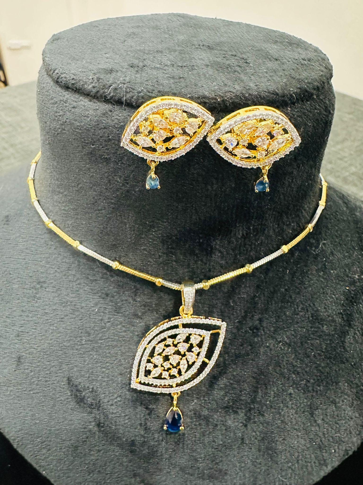 Gold Plated CZ Leaf Necklace Set with Blue Stone Pendant & Earrings - Image 1