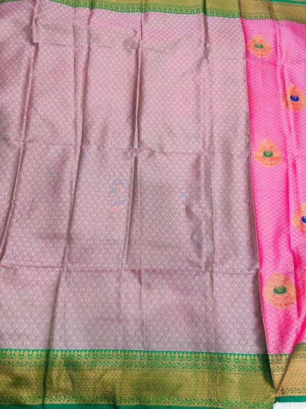 Pink Soft Silk Saree with Zari Border | Pink & Grey Blouse | South Indian Festive wear - Image 4