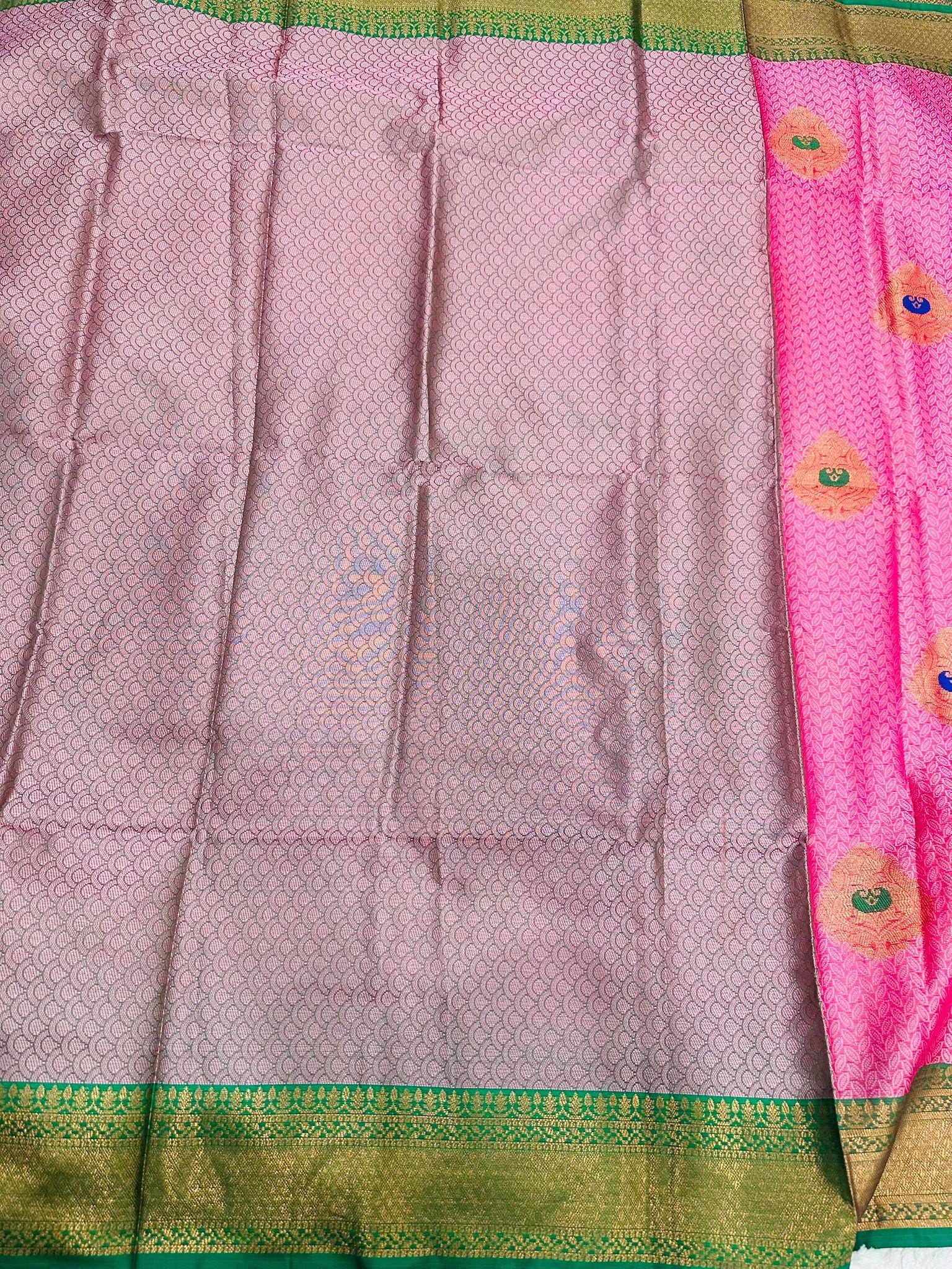 Pink Soft Silk Saree with Zari Border | Pink & Grey Blouse | South Indian Festive wear - Image 4