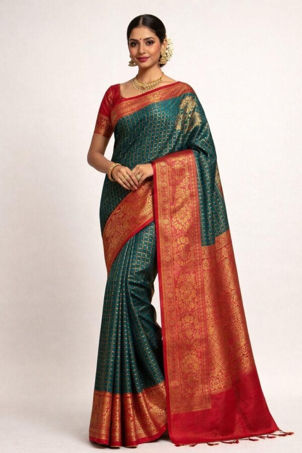 Green Red Soft Silk Saree with Embroidered Brocade unstitched Blouse | Wedding Festive Traditional wear