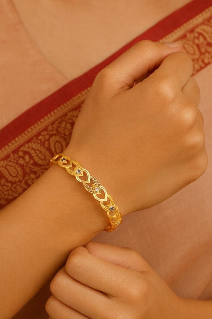 Modern micro plated Gold Look Heart Design Bangle Bracelet, Stone Studded Link | Size 24