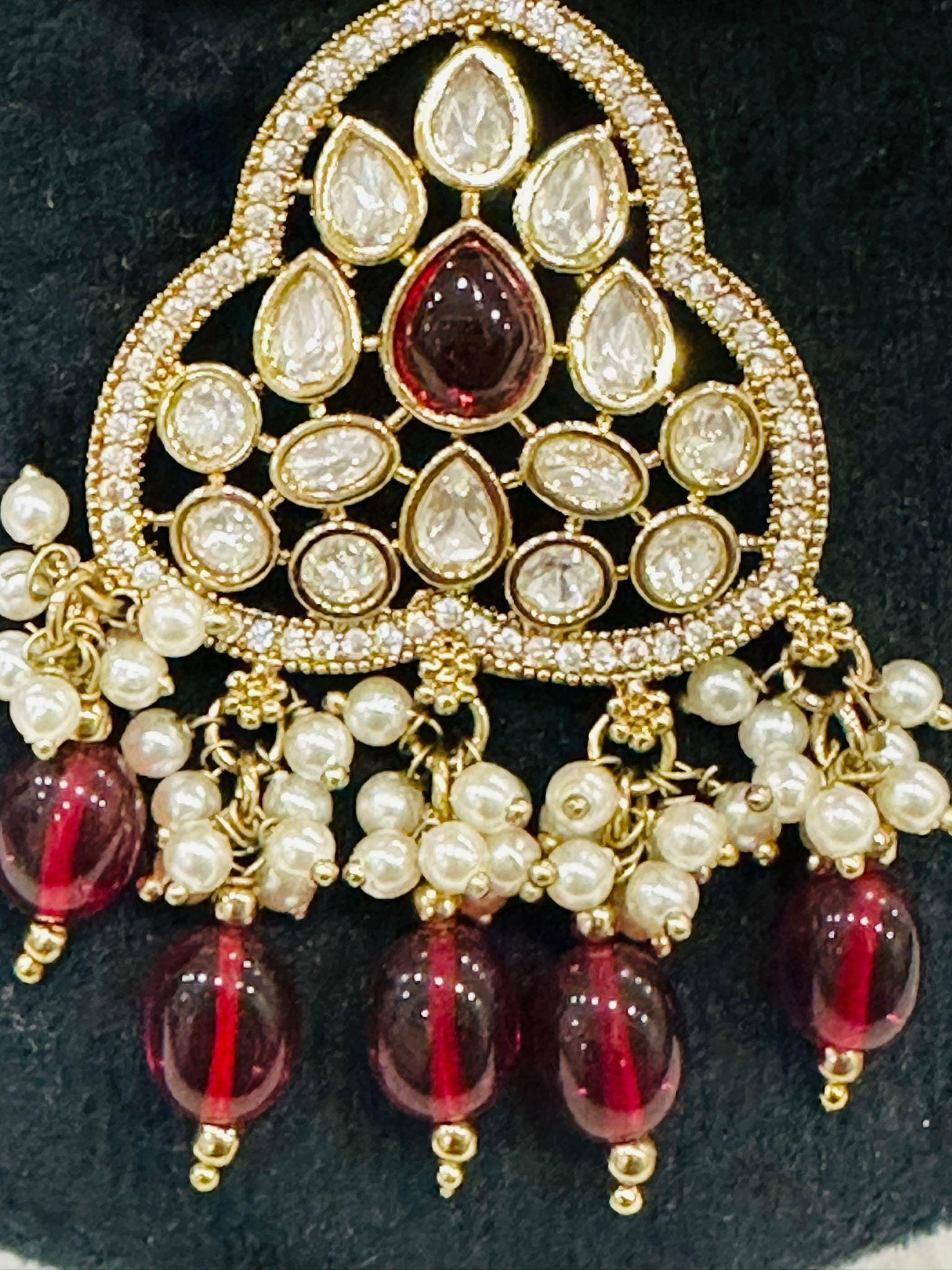 Victorian Necklace & Earrings Set, Ruby Red Beads, Pearl Drops - Image 4