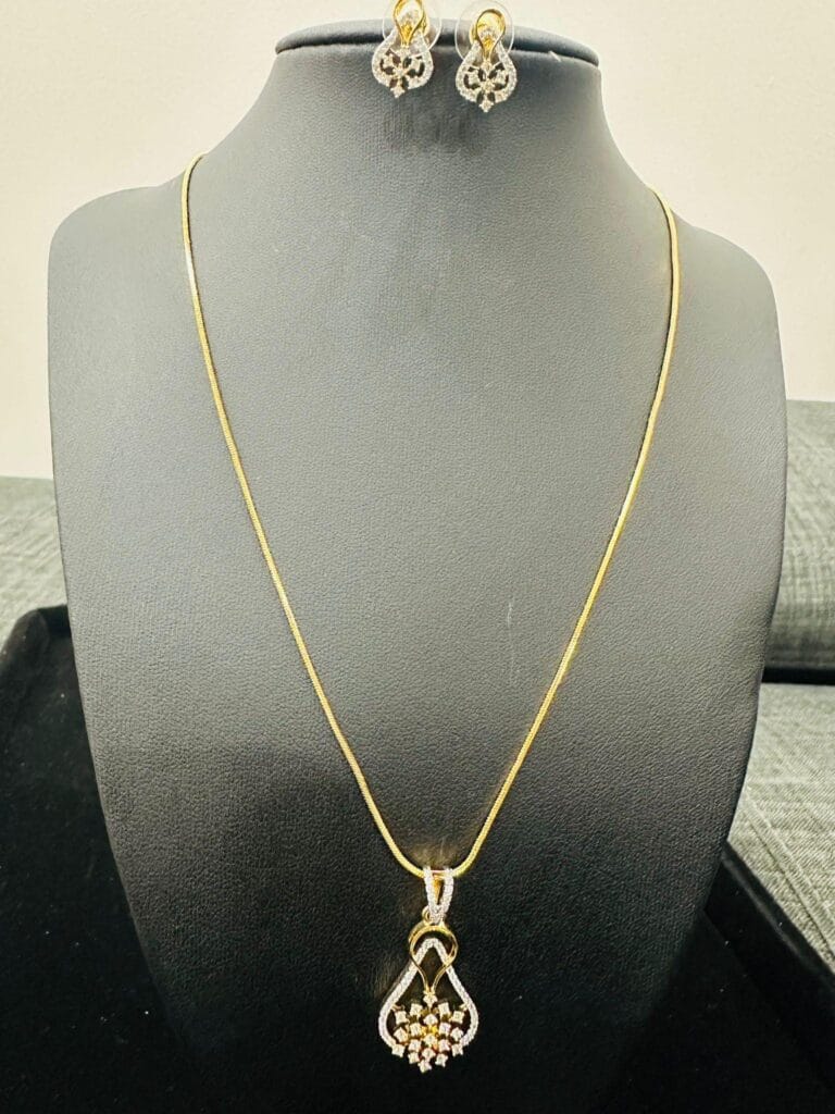 Gold Plated CZ Pendant Necklace Set • Elegant Daily Wear Jewelry • Lightweight Crystal Earrings
