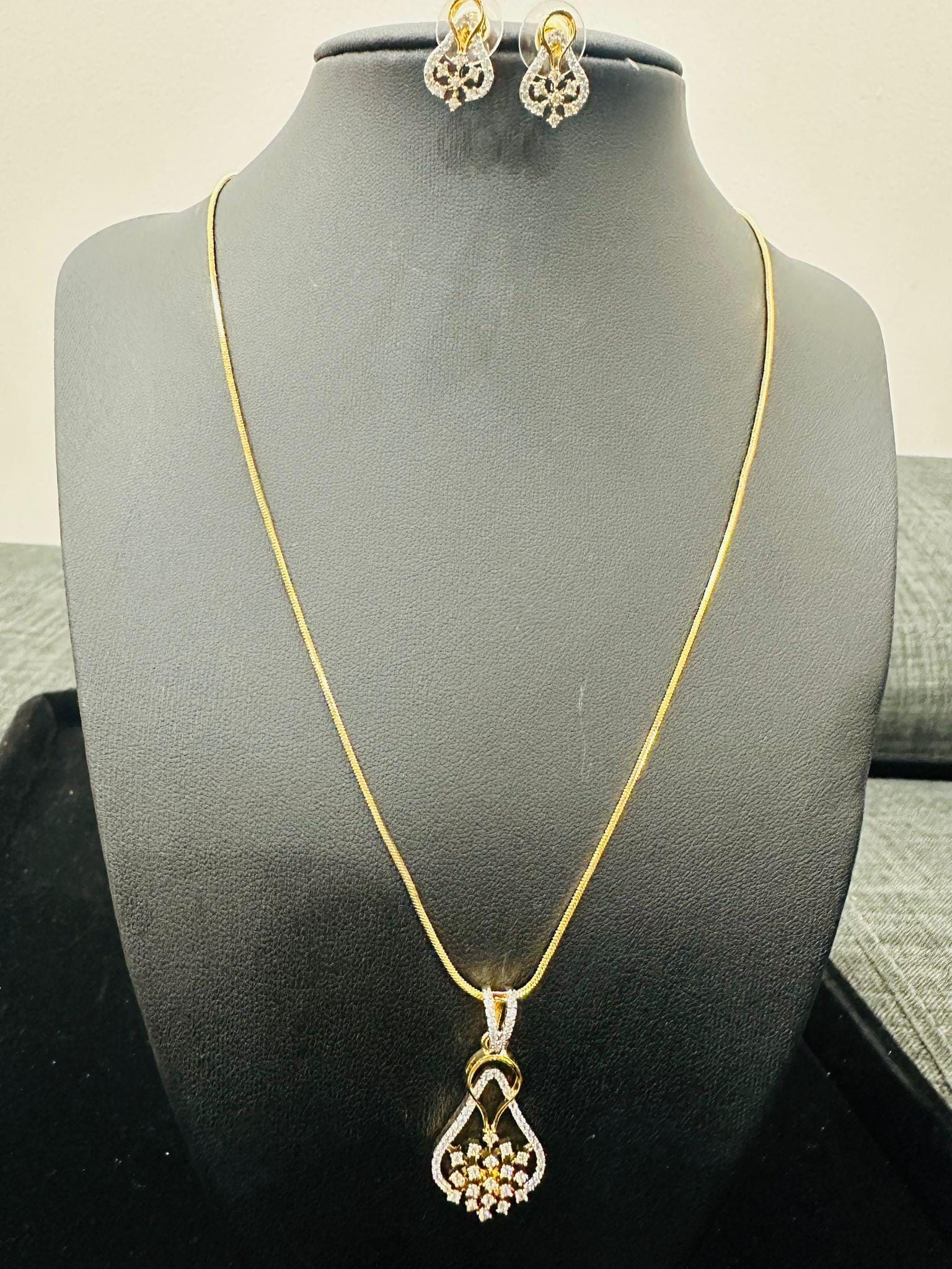 Gold Plated CZ Pendant Necklace Set • Elegant Daily Wear Jewelry • Lightweight Crystal Earrings - Image 1