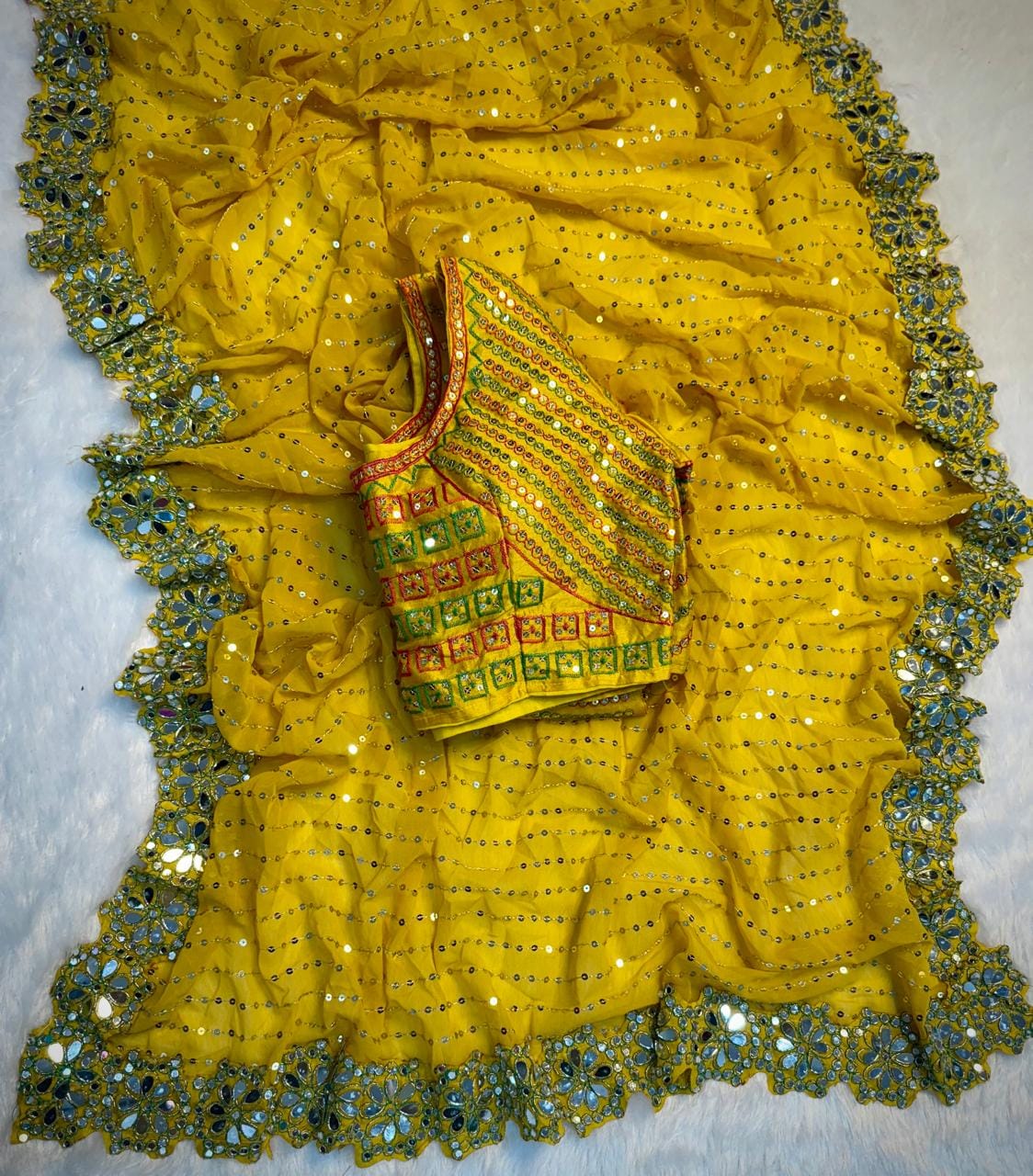 Georgette Saree, Heavy Sequin & Mirror Work saree with stitched Blouse - Image 5