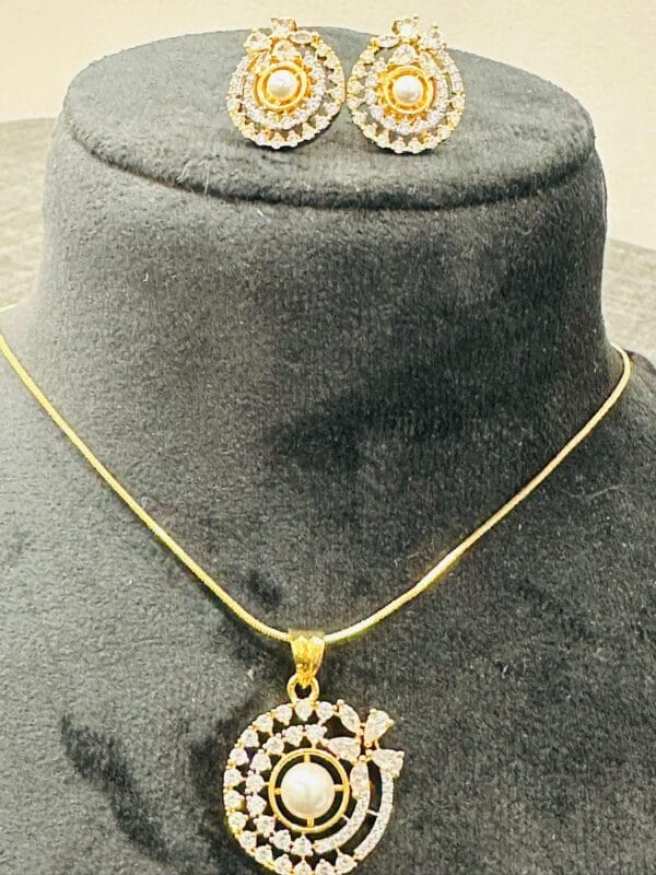 Gold Plated Pearl Pendant Set • CZ Stud Earrings • Elegant Bridal Jewelry Set • Party Wear