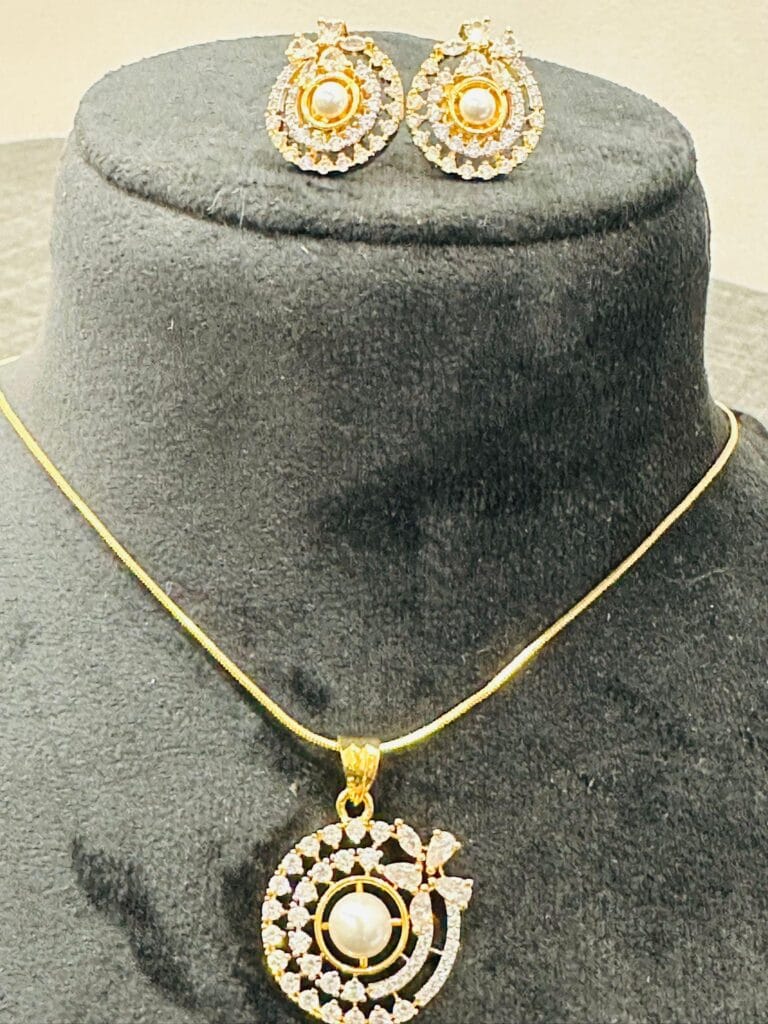Gold Plated Pearl Pendant Set • CZ Stud Earrings • Elegant Bridal Jewelry Set • Party Wear