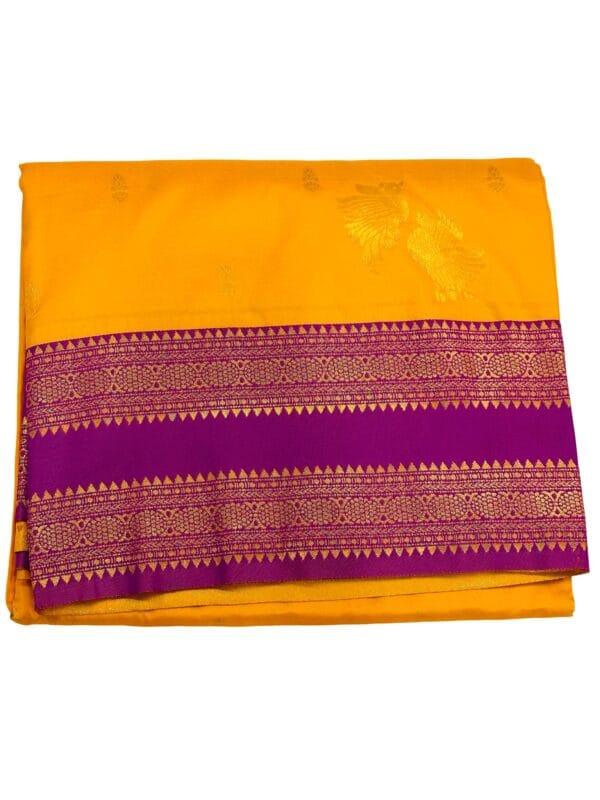Gadwal Silk Saree Yellow Purple | Traditional South Indian Handloom Saree | Gold Zari Border Bridal Festive Wear - Image 3