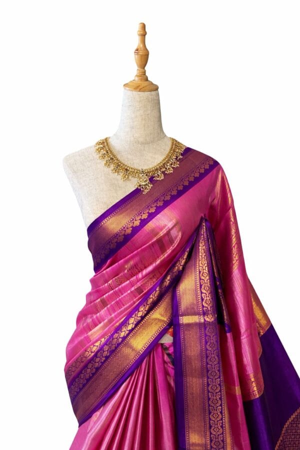 Pink Katan Silk Saree with Purple Border, Banarasi Katan Silk Bridal Saree, Gold Zari Wedding Saree, Traditional Indian Silk Sari Gift - Image 2