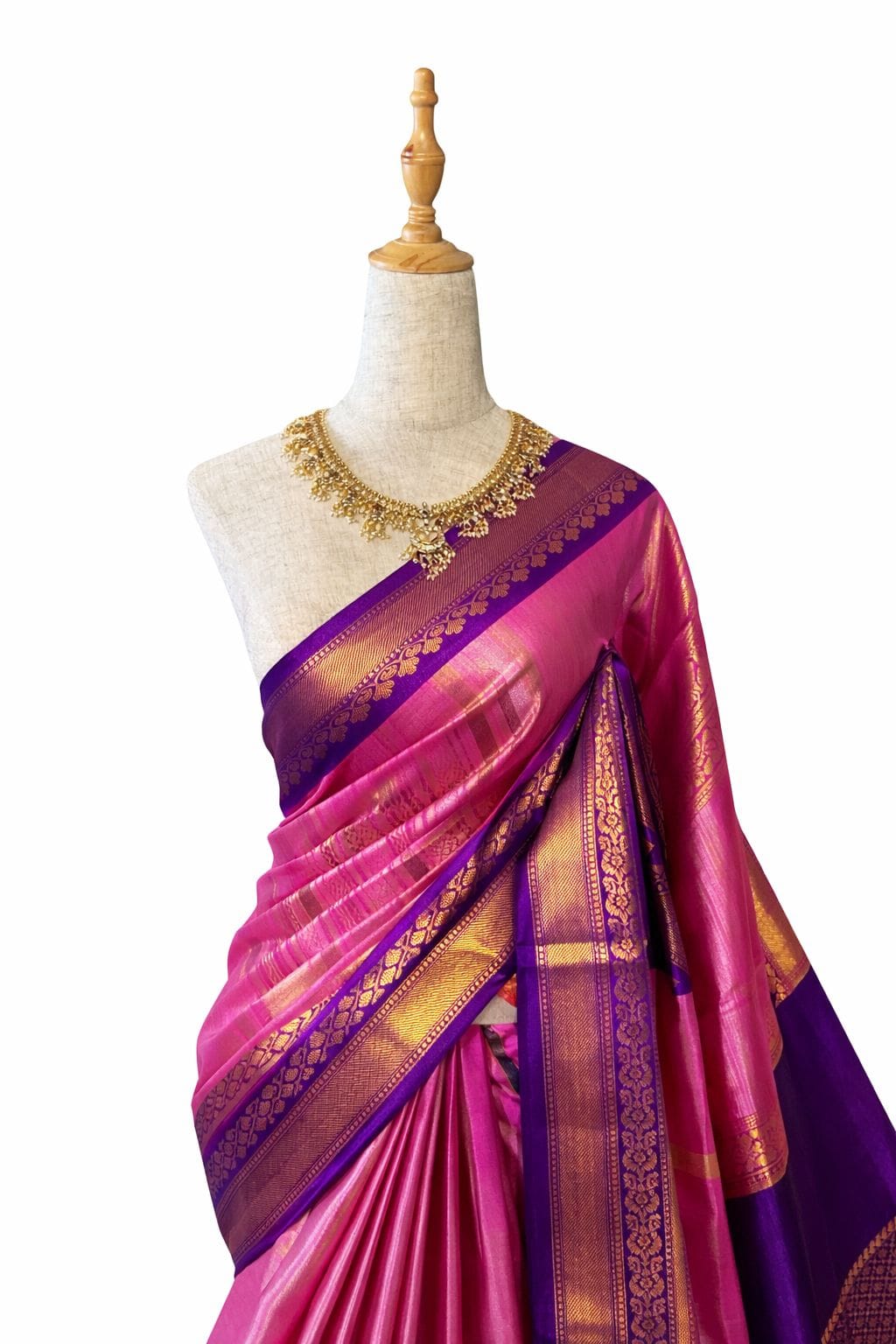 Pink Katan Silk Saree with Purple Border, Banarasi Katan Silk Bridal Saree, Gold Zari Wedding Saree, Traditional Indian Silk Sari Gift - Image 2