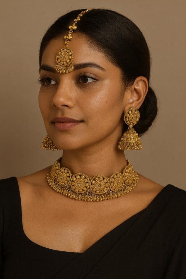 Bridal Gold Plated Choker Set • Temple Jewelry Jhumka Earrings • Maang Tikka Set for Wedding - Image 6
