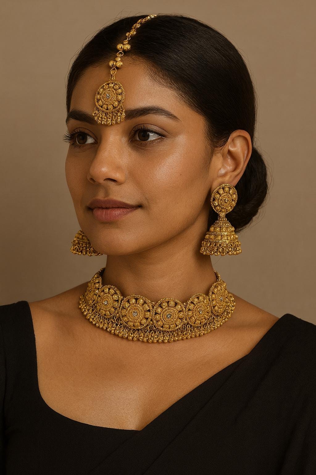 Bridal Gold Plated Choker Set • Temple Jewelry Jhumka Earrings • Maang Tikka Set for Wedding - Image 6