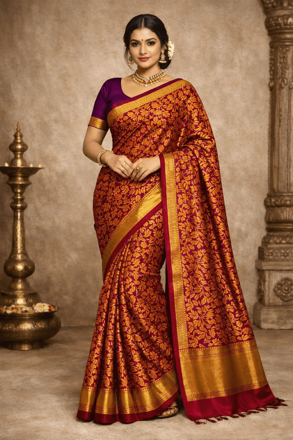 Kanjivaram Semi-Silk Saree Purple Gold Zari Brocade Wedding Saree Traditional Bridal South Indian Pattu Saree Festival Wear - Image 1
