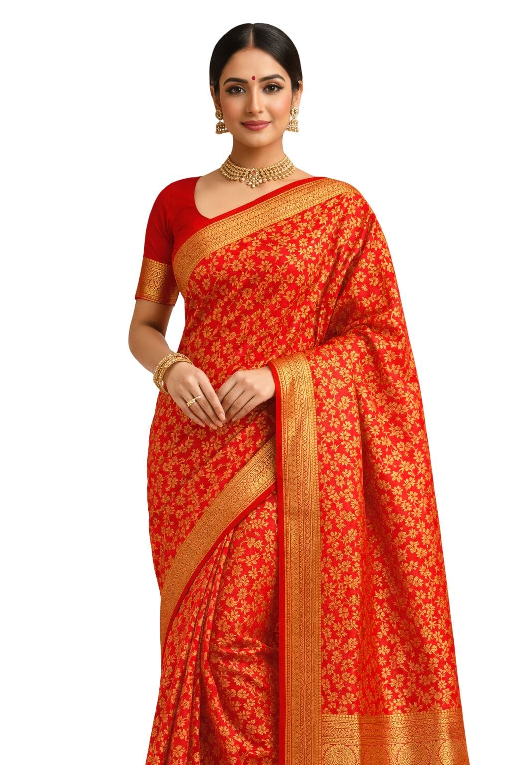 Bridal Kanchipuram Soft Silk Saree Chilly Red Gold Zari Floral Wedding Saree Traditional South Indian Bride Party Wear - Image 1
