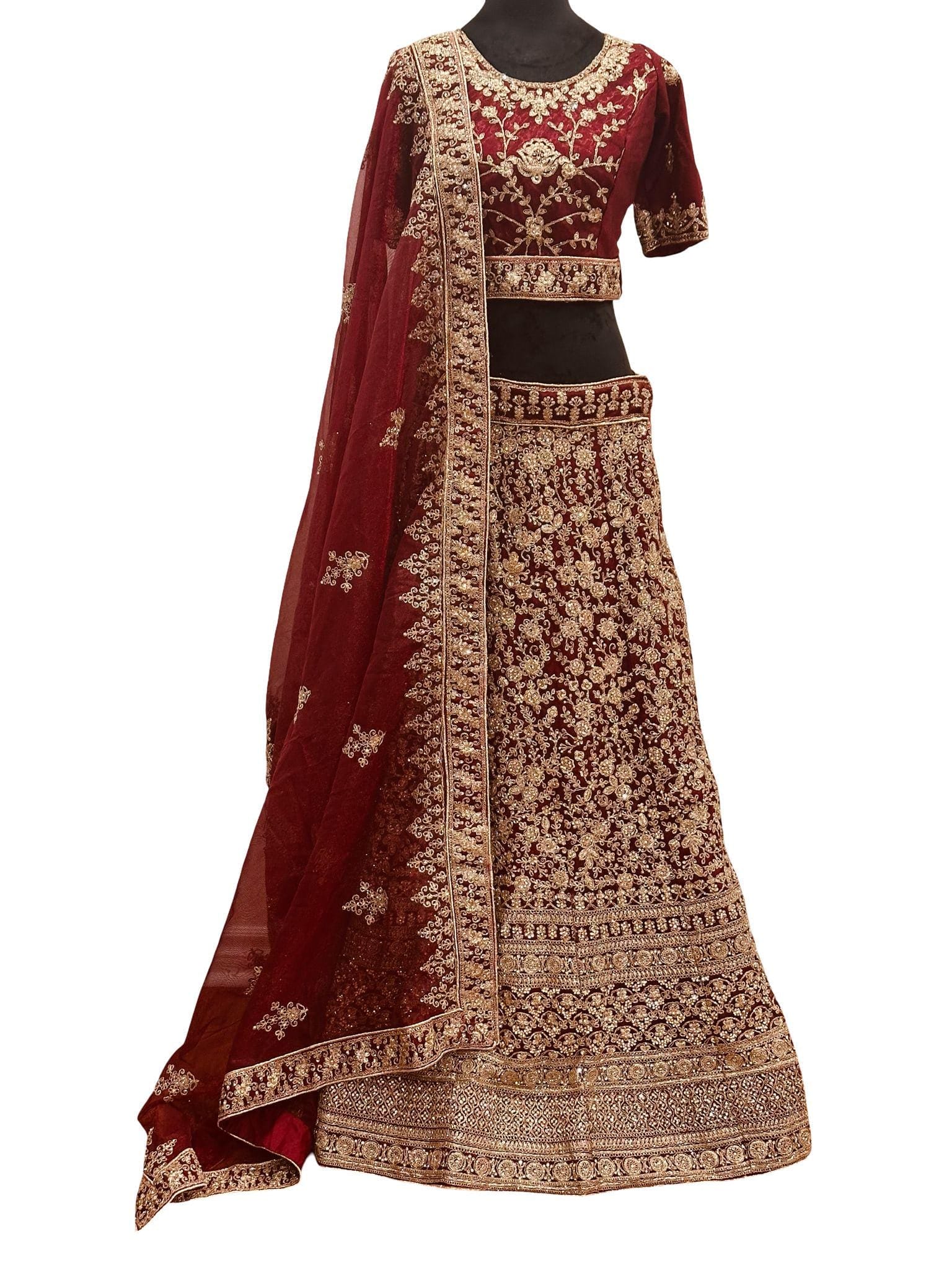 Maroon Bridal Lehenga Choli Set with Heavy Gold Embroidery | Designer Wear & Dupatta | size 36 - Image 2