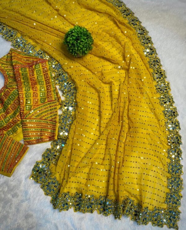 Georgette Saree, Heavy Sequin & Mirror Work saree with stitched Blouse - Image 9