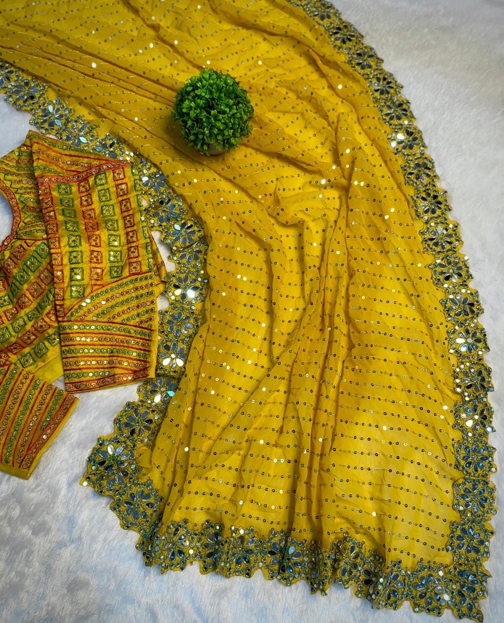 Georgette Saree, Heavy Sequin & Mirror Work saree with stitched Blouse - Image 9