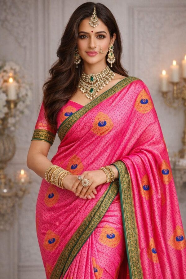 Pink Soft Silk Saree with Zari Border | Pink & Grey Blouse | South Indian Festive wear
