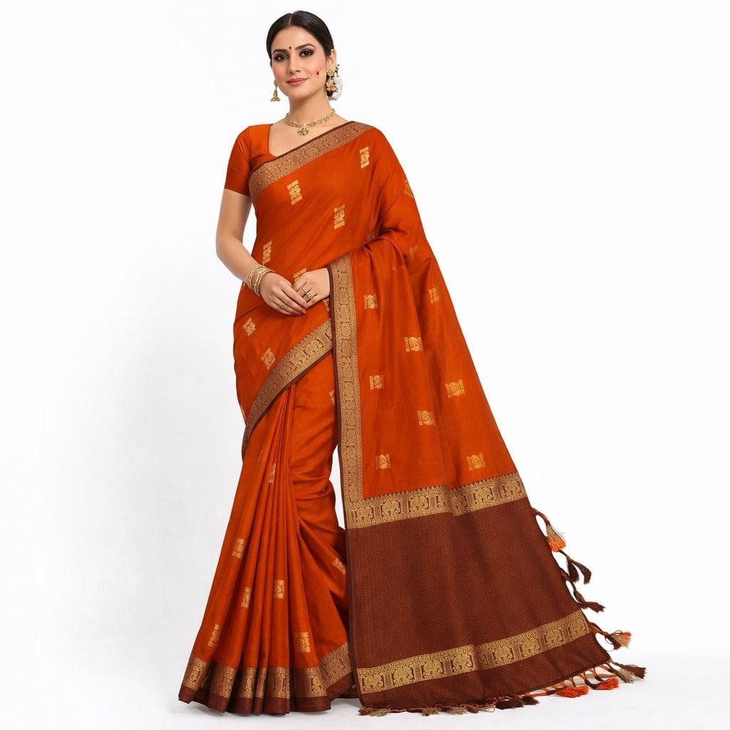 Gadwal Silk Saree Rust Orange Brown | Traditional Temple Border Silk Saree | South Indian Wedding Saree | Elephant Zari Border Saree - Image 1