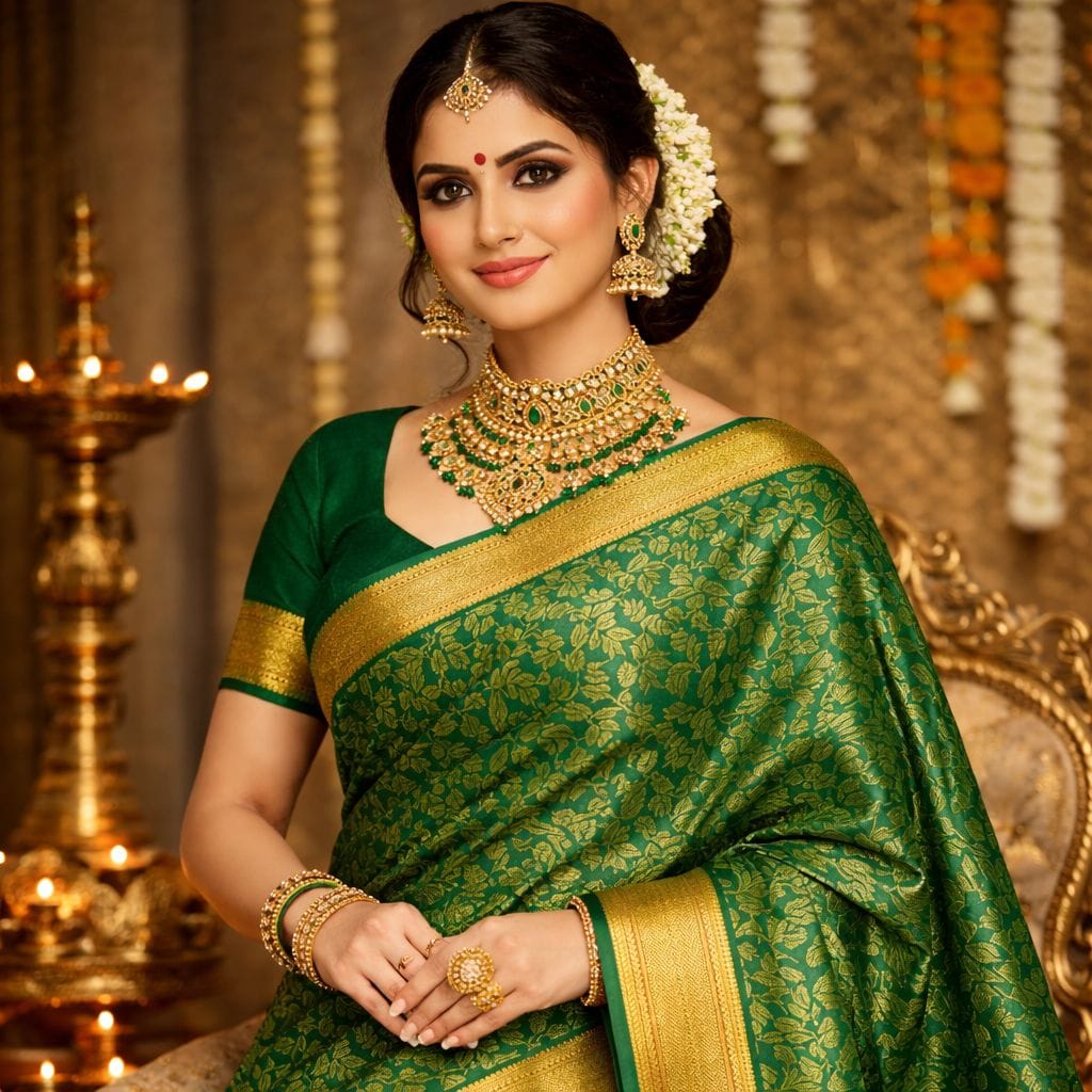 Bridal Kanchipuram Soft Silk Saree Peacock Green Kodi Design Wedding Pattu Saree Traditional South Indian Bridal Silk Saree - Image 1