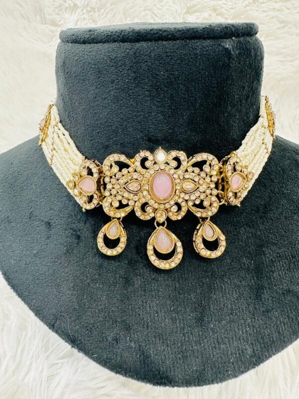 Gold Plated Kundan Jewelry Set | Pink Stone Choker Earrings Tikka • Pearl Beaded Choker - Image 2