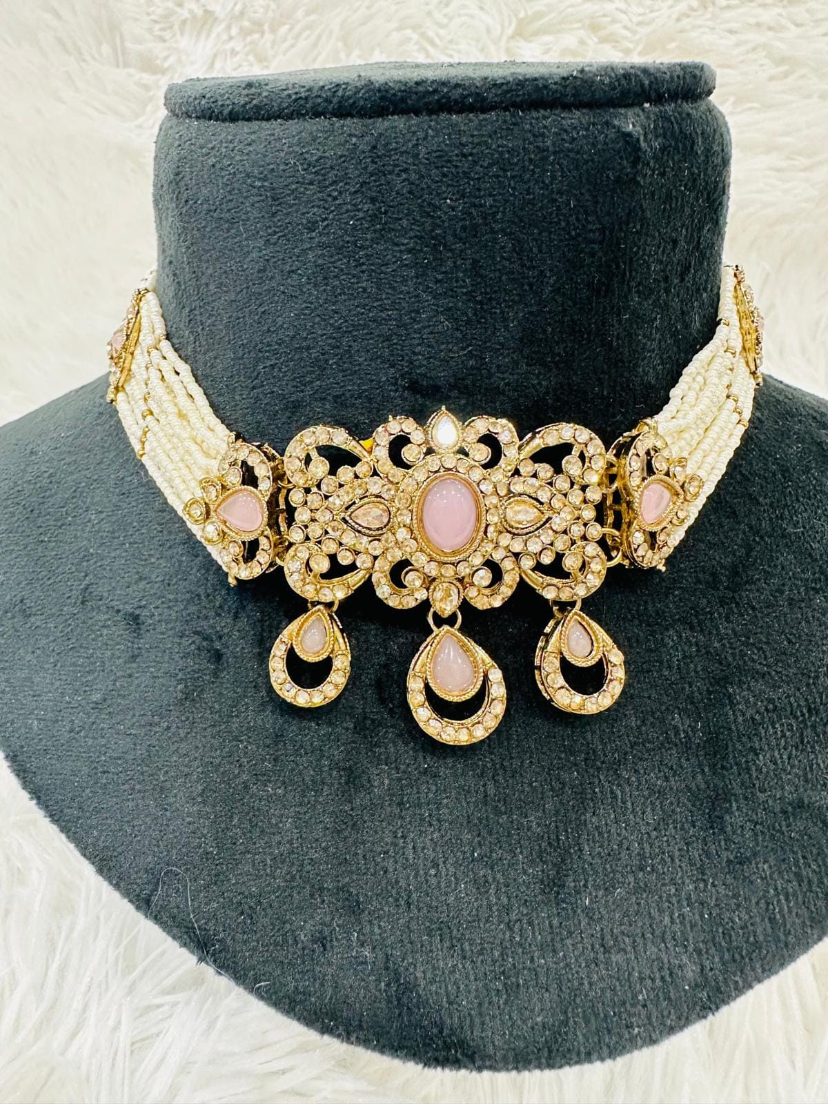 Gold Plated Kundan Jewelry Set | Pink Stone Choker Earrings Tikka • Pearl Beaded Choker - Image 2