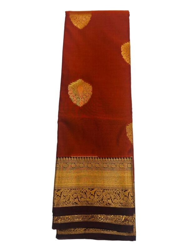 Kanchipuram Semi Silk Saree Rust Orange Coffee Brown | Traditional South Indian Silk Saree | Gold Zari Butta Wedding Saree - Image 3