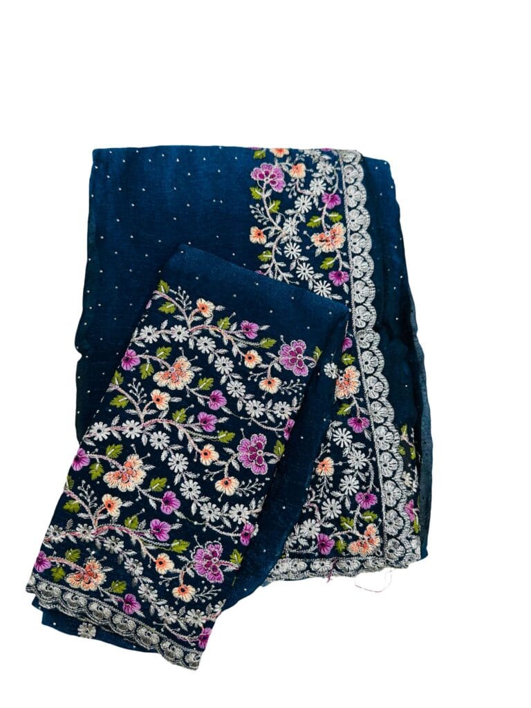 Navy Blue Space Silk Saree with Unstitched Blouse | Floral Embroidery | Designer Party Wear
