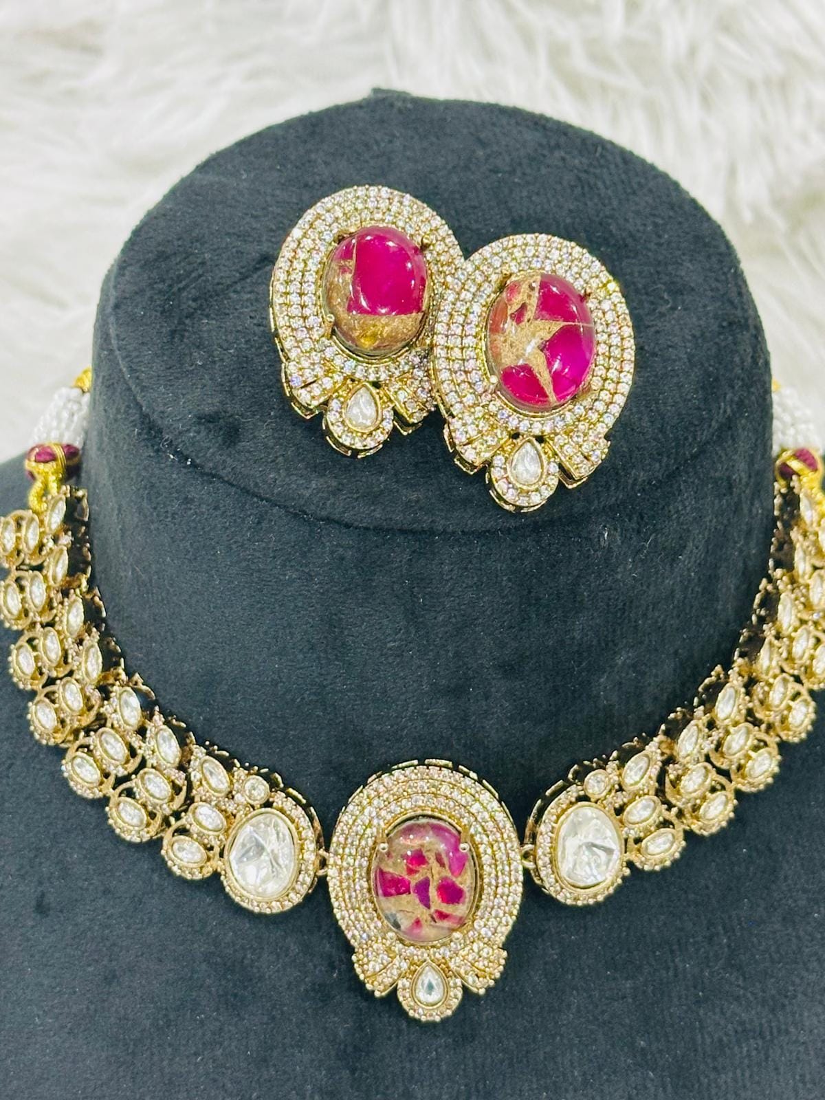 Pink Kundan Choker Necklace with Matching Earrings - Image 1