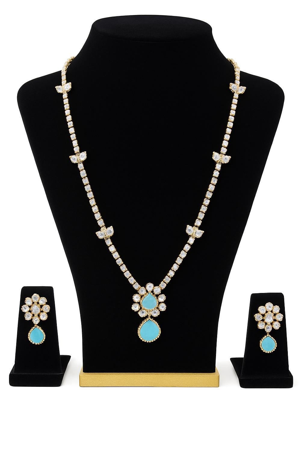Mint Green Stone Necklace Set | Crystal CZ Bridal Jewelry | Party Wear - Image 1