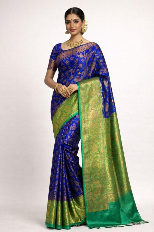 Navy Blue Soft Silk Saree | Gold Zari Brocade, Embroidered Blouse