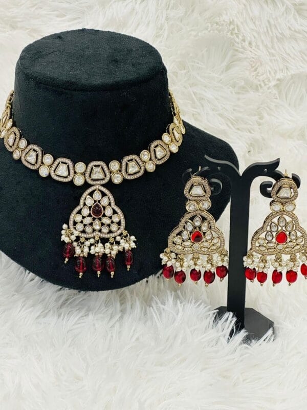 Victorian Necklace & Earrings Set, Ruby Red Beads, Pearl Drops
