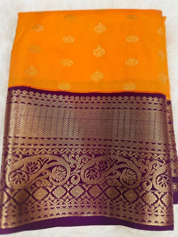 Kanjiveram Semi Silk Saree | Orange & Purple with Zari Border - Image 2