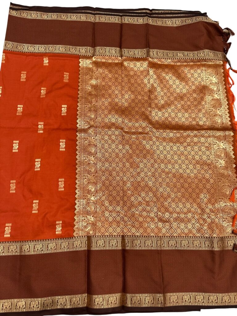 Gadwal Silk Saree Rust Orange Brown | Traditional Temple Border Silk Saree | South Indian Wedding Saree | Elephant Zari Border Saree