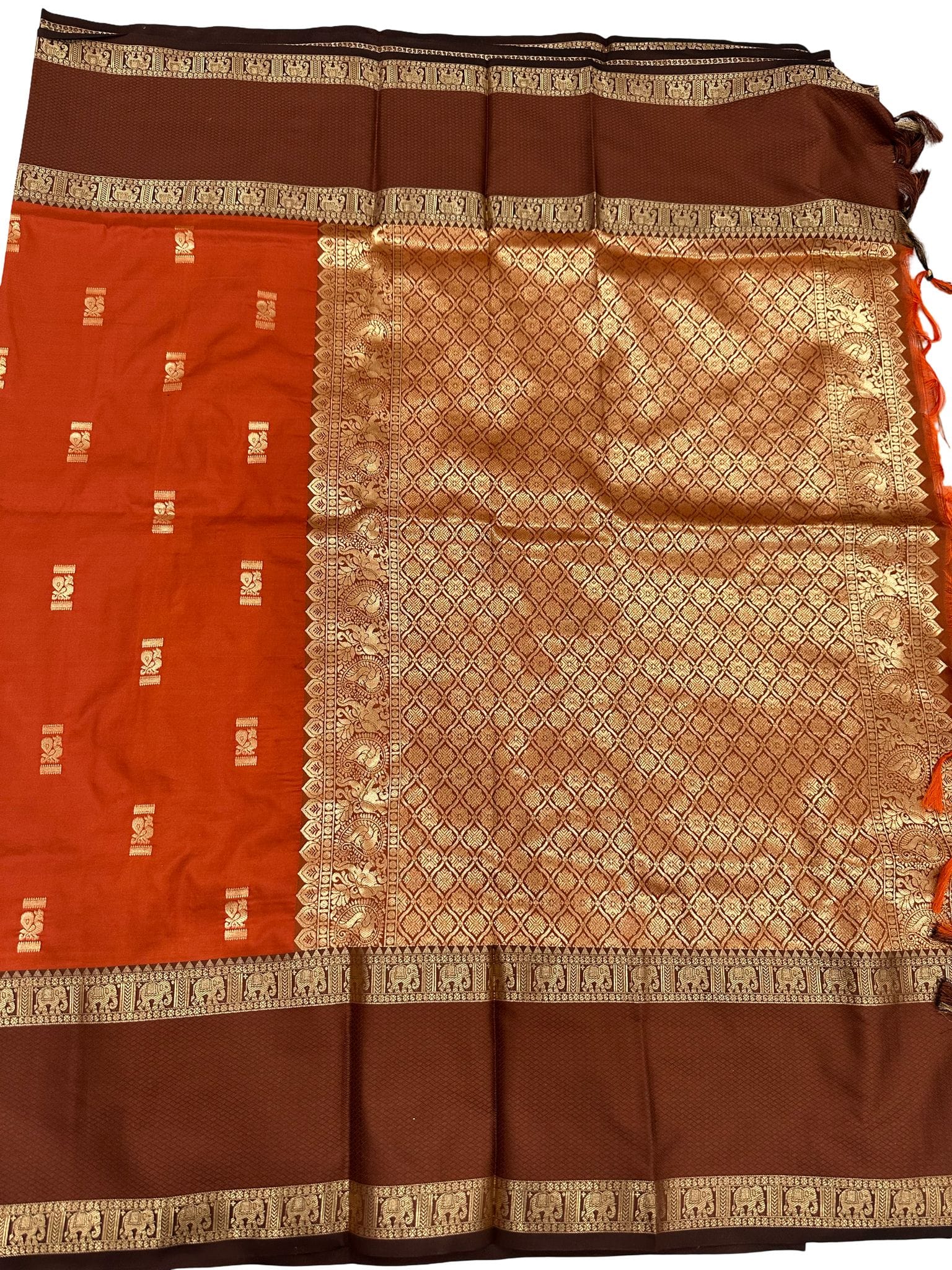 Gadwal Silk Saree Rust Orange Brown | Traditional Temple Border Silk Saree | South Indian Wedding Saree | Elephant Zari Border Saree - Image 5