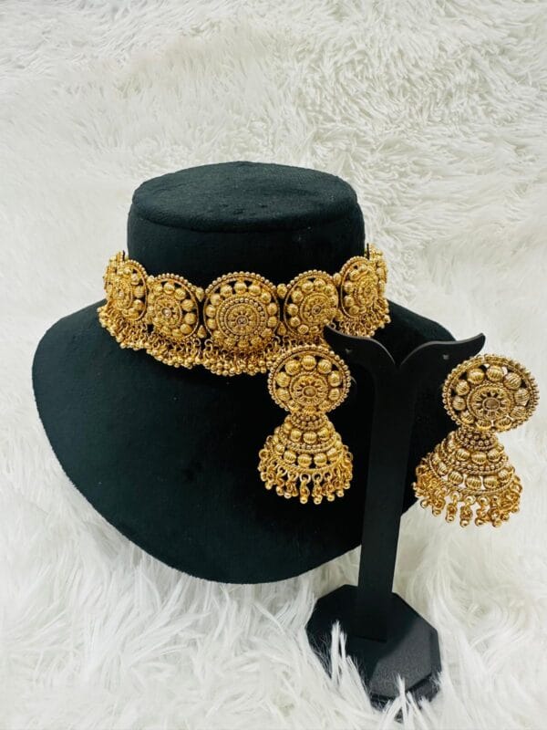 Bridal Gold Plated Choker Set • Temple Jewelry Jhumka Earrings • Maang Tikka Set for Wedding - Image 3