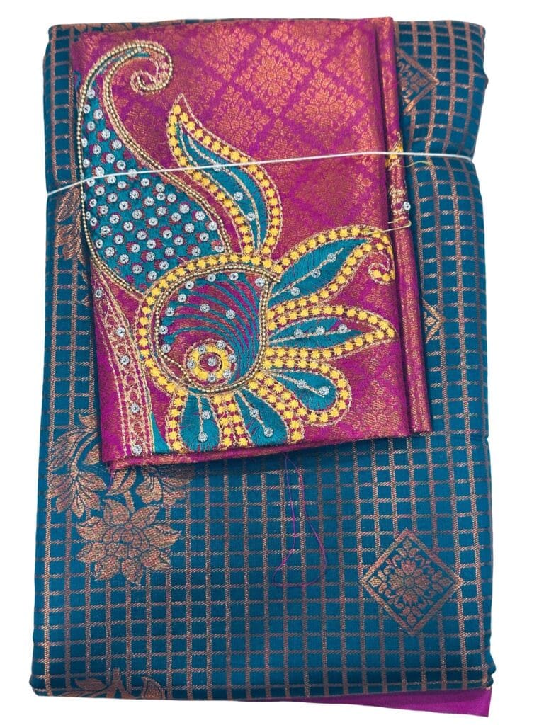 Soft Silk Saree Blue with Rani Pink Embroidered Brocade unstitched Blouse | Festive Party Wear