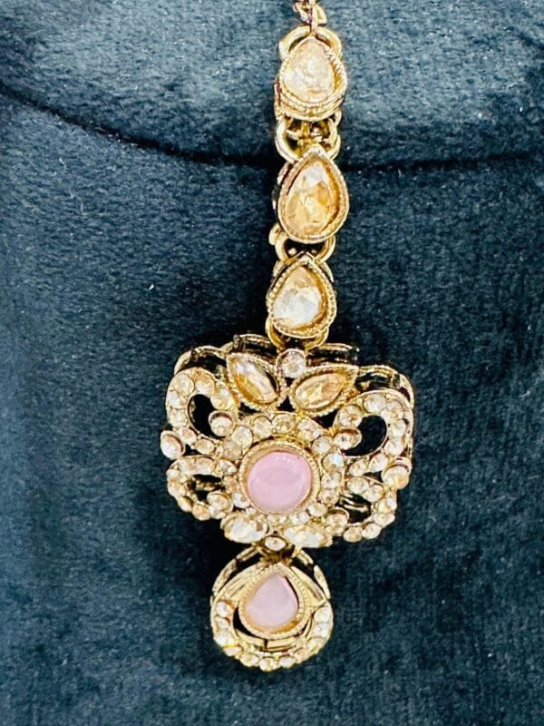 Gold Plated Kundan Jewelry Set | Pink Stone Choker Earrings Tikka • Pearl Beaded Choker - Image 6