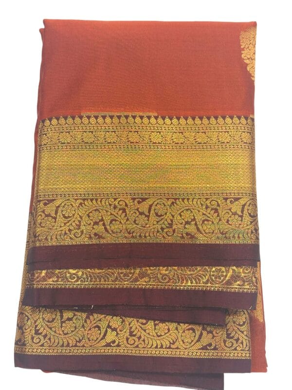 Kanchipuram Semi Silk Saree Rust Orange Coffee Brown | Traditional South Indian Silk Saree | Gold Zari Butta Wedding Saree - Image 5
