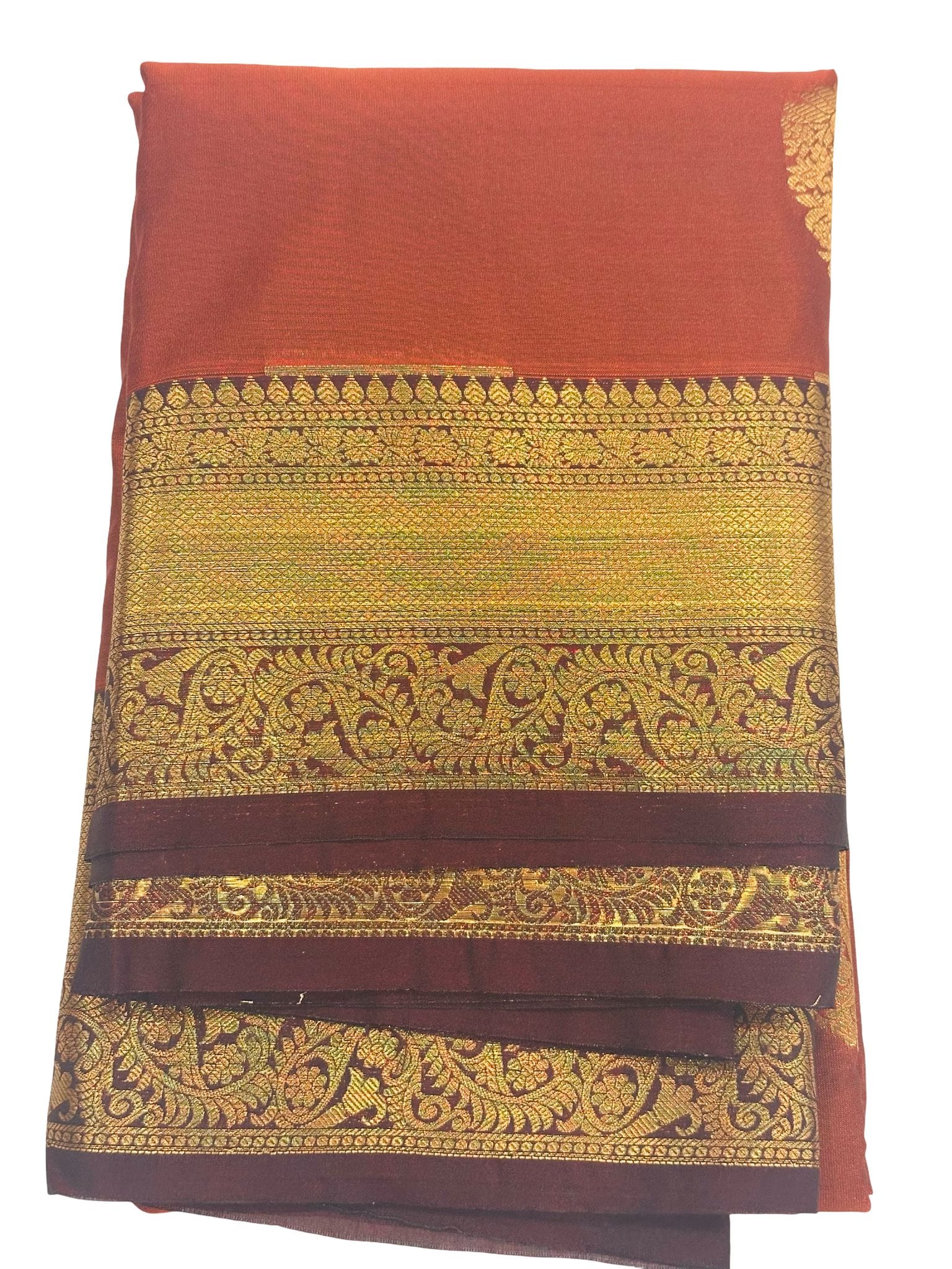 Kanchipuram Semi Silk Saree Rust Orange Coffee Brown | Traditional South Indian Silk Saree | Gold Zari Butta Wedding Saree - Image 5