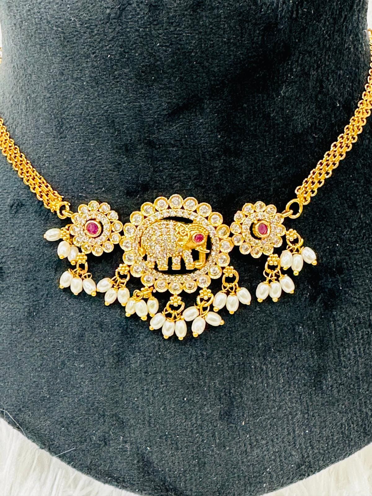 Gold plated Elephant Pendant Necklace Set • Pearl Drop Choker Jewelry - Image 1